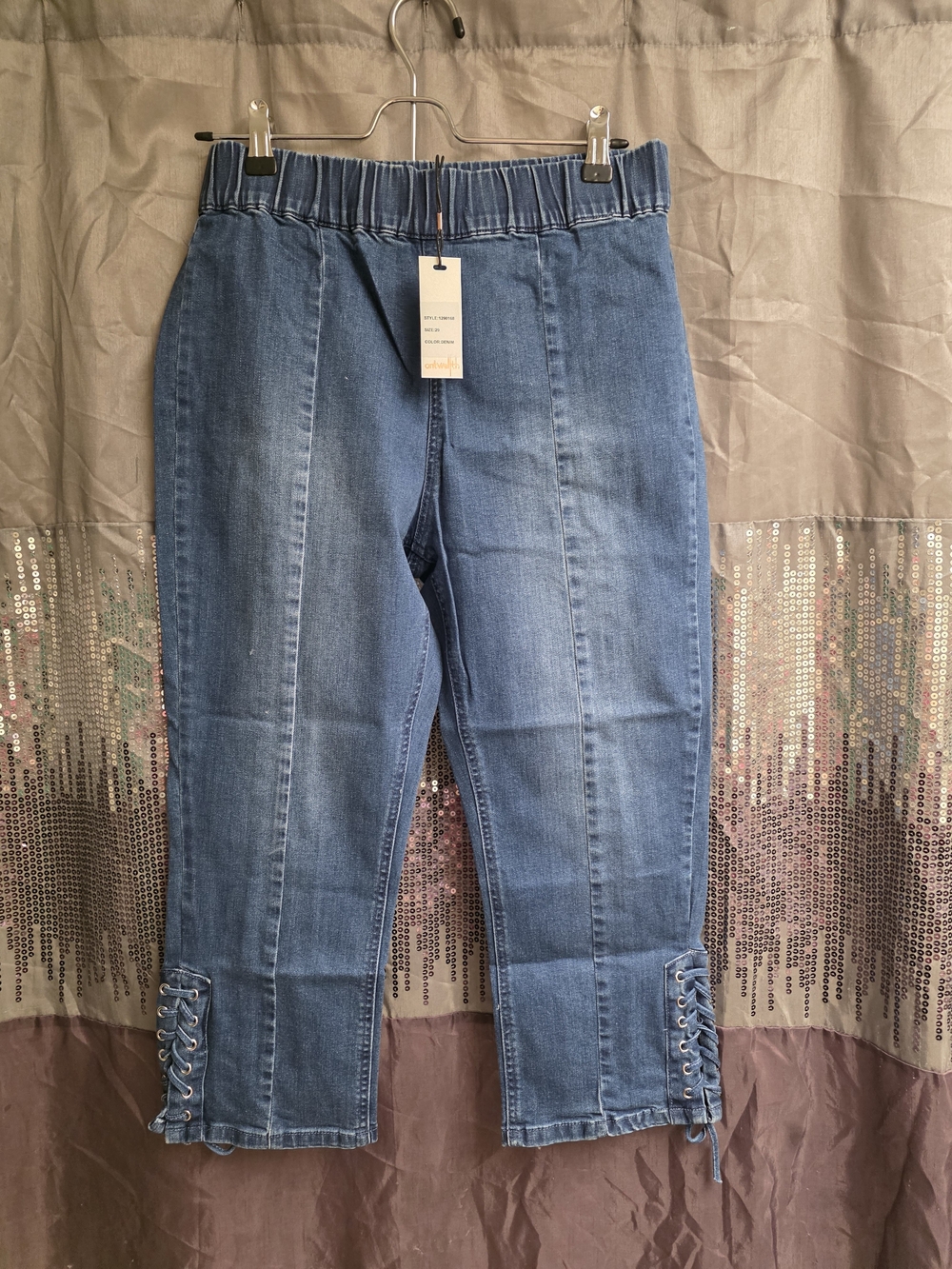 Elastic Waist Ankle-Length Jeans with Lace-Up Hem - Blue